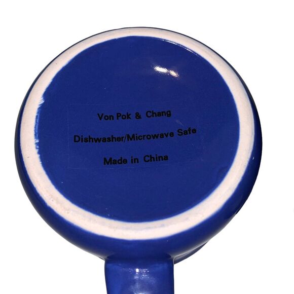 2 Von Pok & Chang Blue Speckled White Black Rim Large 16 oz Stoneware Coffee Mug - Picture 8 of 11